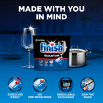 Finish Quantum pouch displayed with wine glass and pot, banner reading 'Made with you in mind' and feature icons below