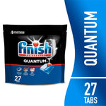 Finish Quantum resealable pouch with branding, product tablet graphic and '27 tabs' label on blue-white background
