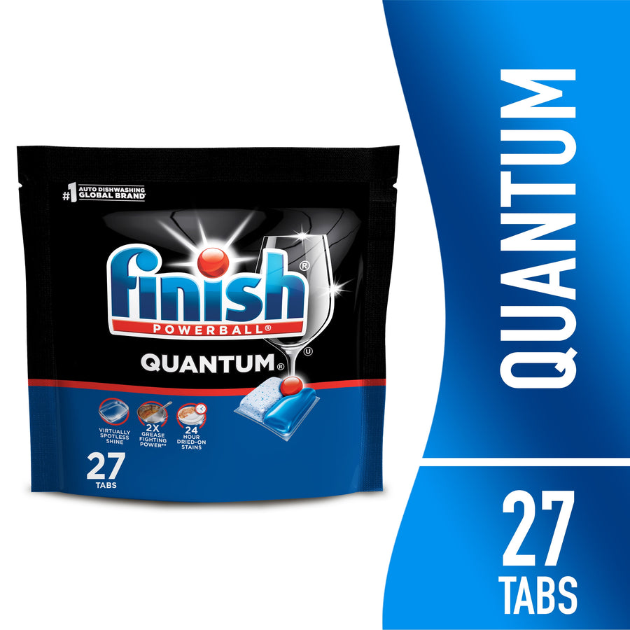 Finish Quantum resealable pouch with branding, product tablet graphic and '27 tabs' label on blue-white background