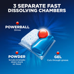 Illustration of a Finish Quantum pod showing three dissolving chambers labeled Powerball, Powder and Gel