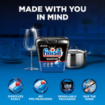Finish Quantum tub on a kitchen scene with wine glass and pot plus icons for dissolves easily, no pre-measuring and resealable packaging
