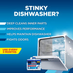 Blue infographic panel reading 'Stinky Dishwasher?' with a pictured open dishwasher and Finish cleaner tub