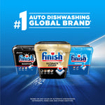 Three Finish tubs (quantum, ultimate, power) displayed on a blue background under '#1 auto dishwashing global brand' headline.