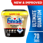 Finish Ultimate Quantum plastic tub of dishwasher pods with branding and '70 tabs' badge on a white background