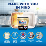 Finish Ultimate Quantum tub in front of a split dish image showing before-and-after cleaning with feature icons below