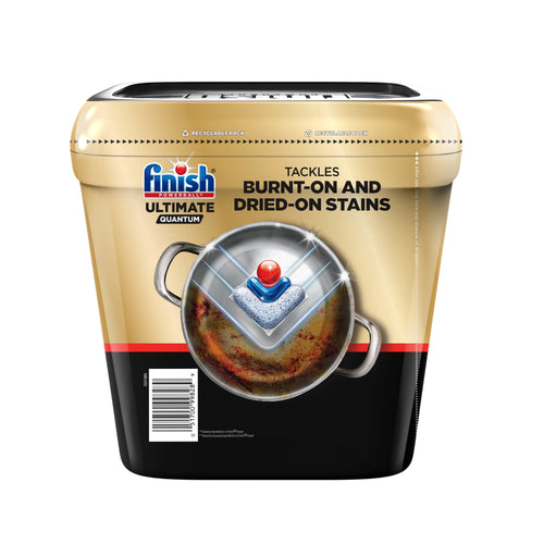 Gold and black Finish Ultimate Quantum dishwasher pod tub showing product logo and burnt-on stain graphic
