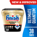 Close-up of a gold Finish Ultimate Quantum dishwasher pod tub with Powerball logo and a single pod graphic on white background