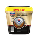 Finish Ultimate Quantum dishwasher pods gold plastic tub with yellow lid and product badge