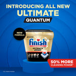 Finish Ultimate Quantum gold tub on blue pedestal with 'introducing all new' headline and 50% more cleaning power callout