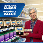Lifestyle-style promo showing an older woman holding a Finish Ultimate Quantum tub with store shelf of tubs behind and 'Unbeatable Clean + Unbeatable Value' text
