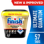 Finish Ultimate Quantum plastic tub with yellow lid and powerball image, labeled 57 tabs and mega value
