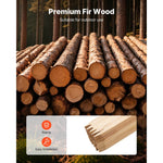 Stack of freshly cut fir logs with inset image of bundled pointed wooden stakes and feature icons