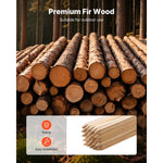 Pile of fir logs in a forest backdrop with inset showing a stack of finished pointed wooden stakes and feature icons