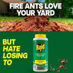 Close low-angle photo of a fire ant mound with many ants on it above a green panel and an image of the Raid Outdoor Fire Ant Mound Killer bottle.