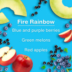 Graphic panel listing Fire Rainbow scent notes with images of apples, melons and berries on blue background