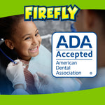 Smiling child at the dentist with a large ADA Accepted seal and Firefly logo in promotional layout
