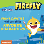 Firefly and Baby Shark branded graphic with yellow shark illustration and text encouraging cavity prevention