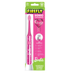 Pink Firefly Barbie sonic kids toothbrush in retail blister pack showing USB charger graphic and Barbie logo