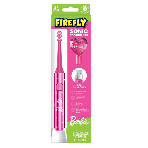 Pink Firefly Barbie sonic kids toothbrush in retail blister pack showing USB charger graphic and Barbie logo