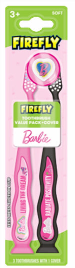 Packaged Firefly Barbie toothbrush value pack showing two kid-sized toothbrushes with Barbie logo and cover