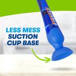 Close-up of a blue Firefly toothbrush handle highlighting a suction-cup base with callout text about less mess
