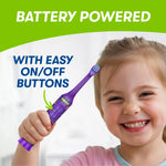 Smiling child holding a purple Firefly electric toothbrush with text 'Battery Powered with Easy On/Off Buttons'.