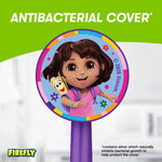 Circular antibacterial character cover featuring Dora illustration with 'Antibacterial Cover' headline on green background.