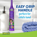 Purple Firefly toothbrush standing on a bathroom counter next to a soap dispenser with 'Easy Grip Handle' text.