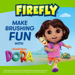Promotional graphic with Firefly logo and Dora character and text 'Make Brushing Fun' on a bright outdoor background.