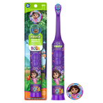 Purple Firefly Dora the Explorer battery-powered kids toothbrush shown in packaging with character cover and round Dora badge.