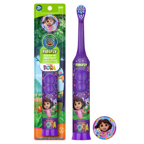 Purple Firefly Dora the Explorer battery-powered kids toothbrush shown in packaging with character cover and round Dora badge.