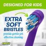 Product graphic showing purple electric toothbrush head and bristles with 'Extra Soft Bristles' callout on green banner.