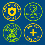 Four circular icon badges on blue background highlighting antibacterial cover, fights plaque, blast away plaque, and battery included