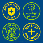 Four circular Firefly icons on blue background showing antibacterial cover, helps fight plaque, blast away plaque, and battery included