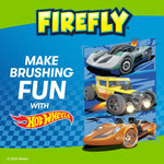 Firefly branded graphic with Hot Wheels logo and three illustrated racing cars reading 'Make Brushing Fun'