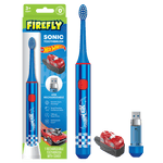 Blue Firefly Hot Wheels sonic toothbrush with USB charger, red car cover and packaging displayed on white background