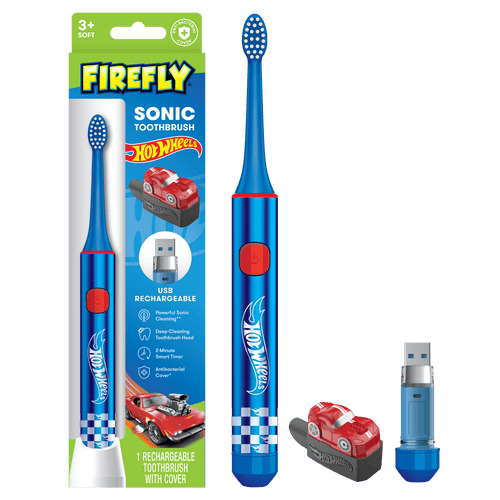 Blue Firefly Hot Wheels sonic toothbrush with USB charger, red car cover and packaging displayed on white background