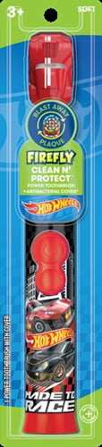 Packaged Firefly Hot Wheels kids electric toothbrush in blister card with car-themed handle and red antibacterial cover visible