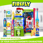 Product assortment display showing Firefly toothpaste, mouth rinse, toothbrushes and character-themed oral care items