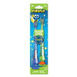 Blister pack of two Firefly light-up timer kids toothbrushes, blue and green, with starry packaging artwork