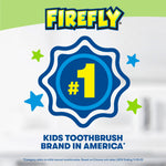 Firefly brand badge graphic with '#1' emblem and text claiming kids toothbrush brand in America on a pale background