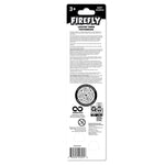 Reverse side of Firefly toothbrush package in black-and-white showing brand header, safety text and recycling symbols