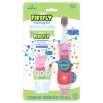 Firefly Peppa Pig training kit blister pack showing strawberry toothpaste tube and pink Peppa-themed light-up toothbrush