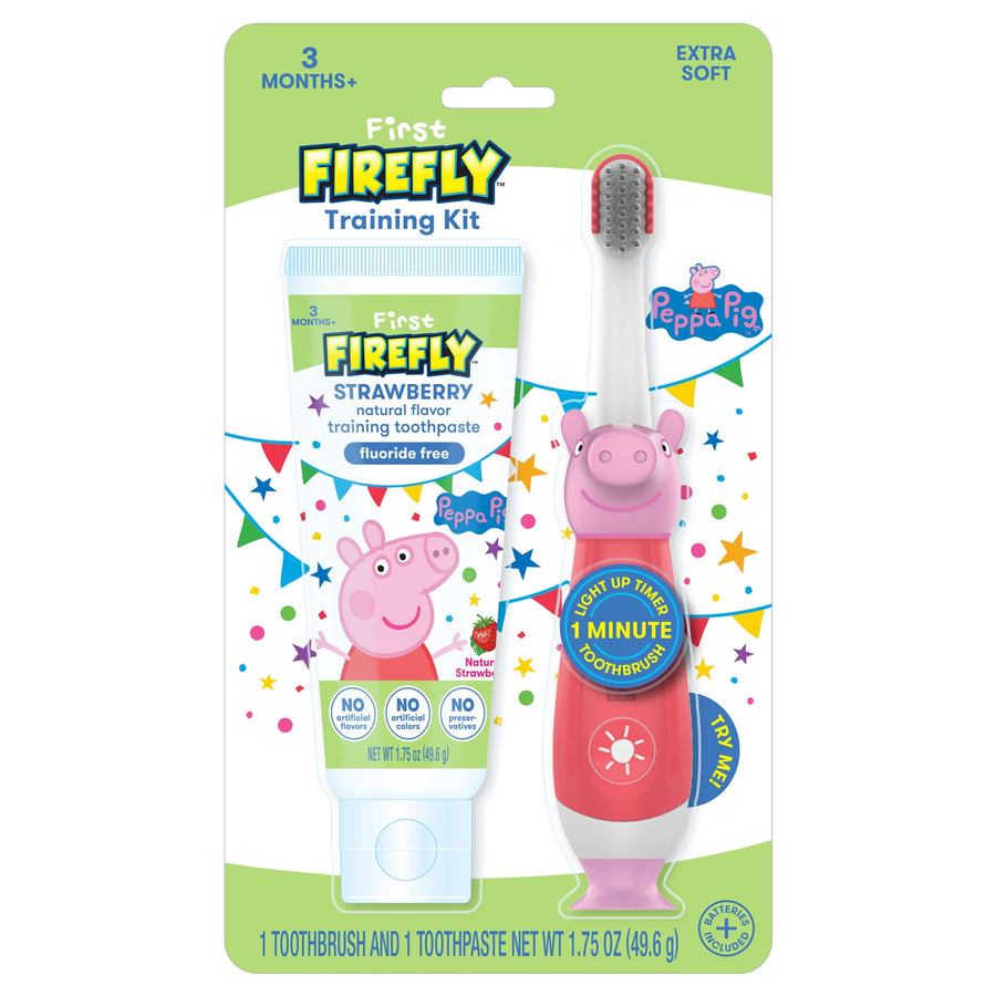 Firefly Peppa Pig training kit blister pack showing strawberry toothpaste tube and pink Peppa-themed light-up toothbrush