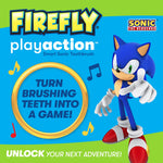 Bright product graphic with Firefly playaction logo and Sonic the Hedgehog character promoting brushing as a game