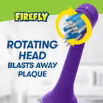 Close-up of purple electric toothbrush head with motion arrows and text 'Rotating Head Blasts Away Plaque' in product graphic.