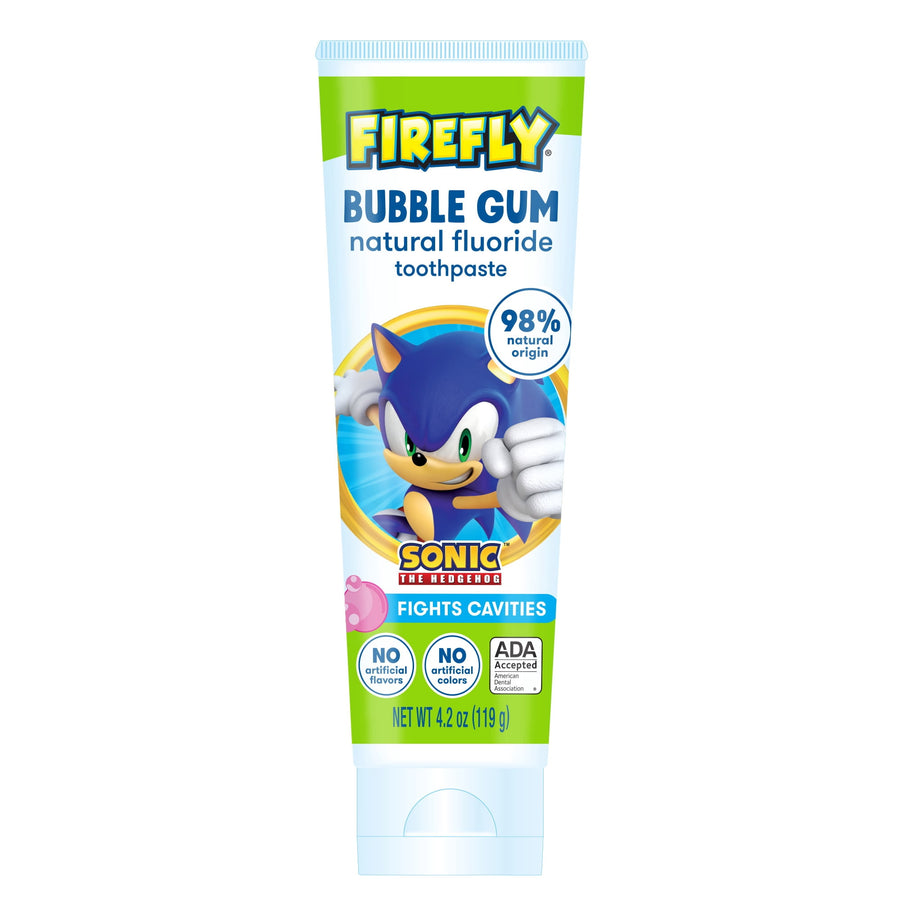 Tube of Firefly Bubble Gum natural fluoride kids toothpaste featuring Sonic the Hedgehog on front label