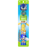 Packaged Firefly Sonic the Hedgehog battery toothbrush with Sonic character head cap on blue-green blister card