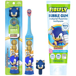 Firefly Sonic the Hedgehog battery toothbrush and matching Sonic bubble gum toothpaste shown side-by-side on white background