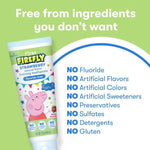 Graphic showing Firefly strawberry training toothpaste tube and a list of ‘No’ ingredients on a green background